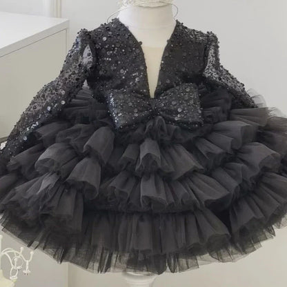 Customized Flower Girl Dresses Cute Pink Glitter Sequined Shiny Puffy Organza With Bow Fit Wedding Party Princess Ball Gowns