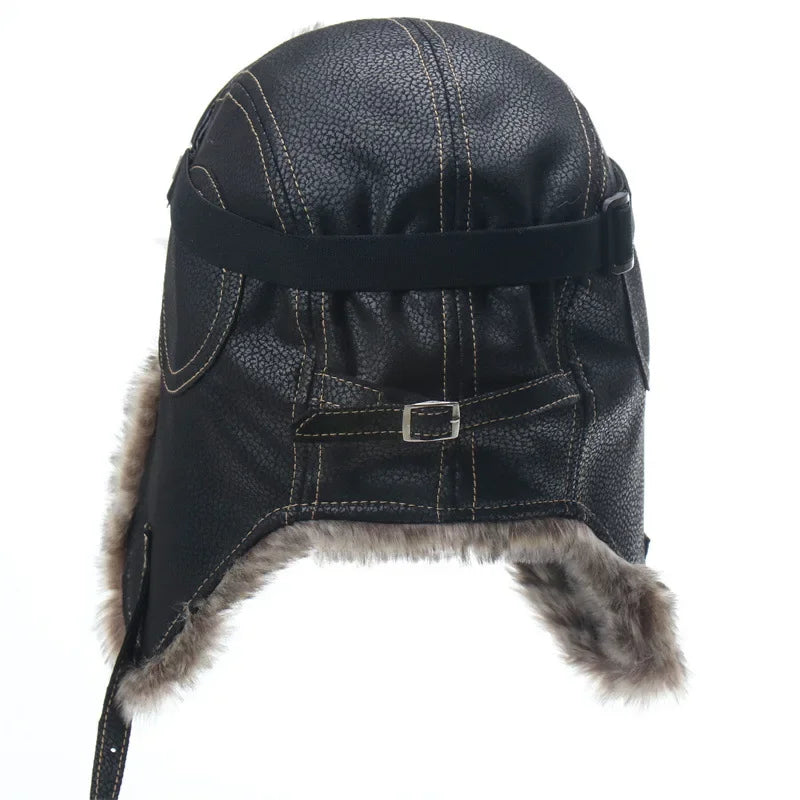 Men Winter Bomber Hat With Goggles Outdoor Motorcycle Windproof Warm Faux Fur Pilot Earflap Hat Leather Thermal Ushanka