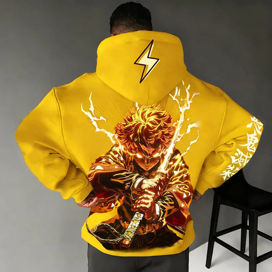 Demon Slayer Anime Yellow Hoodie 2025 Men's Autumn/Winter New Agatsuma Zenitsu Printed Casual Loose Parent Child Sweater Top