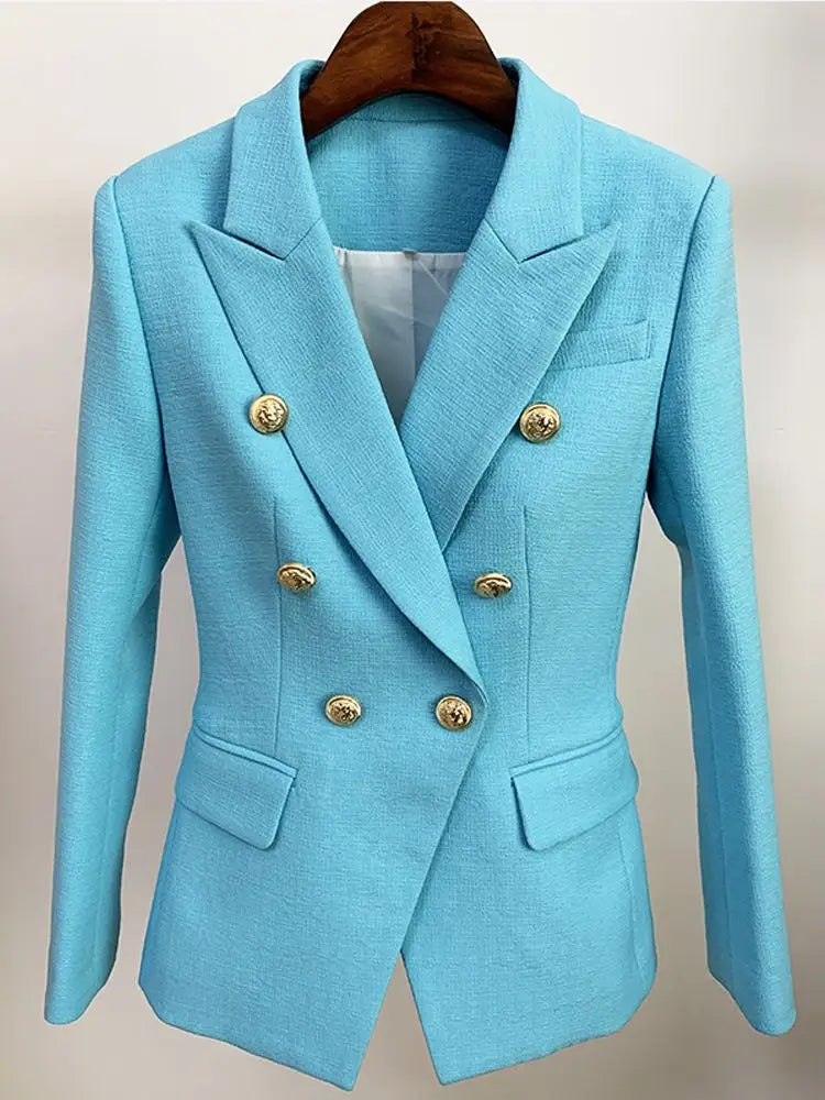 HIGH STREET 2026 Classic Baroque Designer Jacket Women's Metal Lion Buttons Double Breasted Textured Blazer Mint Green