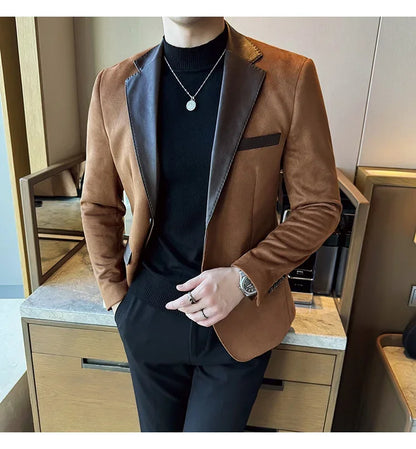 High Quality Deerskin Velvet Splicing Leather Collar Suit Blazers Men Casual Business Slim Coats Mens Social Wedding Clothing