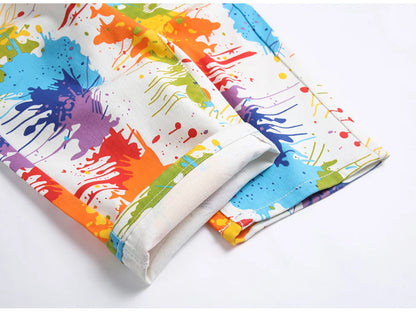 Men Fancy Color Painted Shorts Summer Y2K Stretch Denim Breeches Digital Print White Jeans