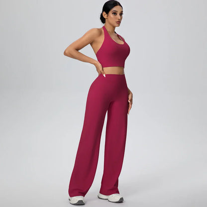 2PCS Woman Backless Hanging Neck Bra and Pants Yoga Set Summer Breathable Gym Sports Running Workout Top Hot Sales Yoga Set