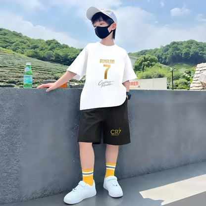 Children Short-sleeved T-shirt+Shorts Black Boys Girls Toddler 3-12Yrs Sports Set Football Player No. 7 Summer Cool Clothing