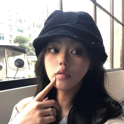 Black Studded Beret Cap with Rivet Trim Edgy Style Hat for Outdoor Travel Hiking Camping Berets