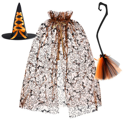 Halloween Witch Cloak Set Spider Web Sheer Mesh Cape Hat and Broom Set for Kids Boys Girls Appliques Feathers Animal