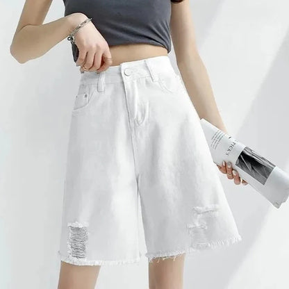Women Tassels Denim Shorts Korean Fashion Letter Embroidery Wide Leg Shorts Casual Streetwear High Waist Female Shorts