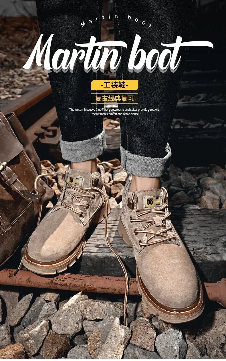 Men Genuine Leather Boots Men's English Style Thick Bottomed Work Clothes Shoes Winter Outdoor Mid Top Men's Boots