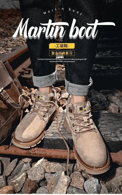 Men Genuine Leather Boots Men's English Style Thick Bottomed Work Clothes Shoes Winter Outdoor Mid Top Men's Boots