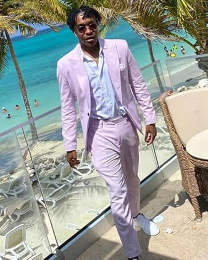 Men's Linen Suit 2 Piece Slim Fit Suit Summer Beach Wedding Suit Groosmen Prom Tuxedo Linen Blazer Pants Set