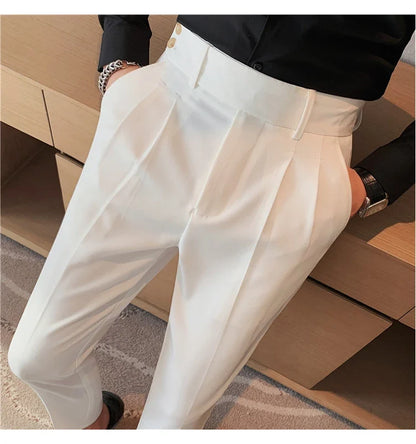 British Style Twill Pleat Design Naples High Waist Casual Trousers Fashion Man Slim Simple Social Party Suit Pant Plus Size 38