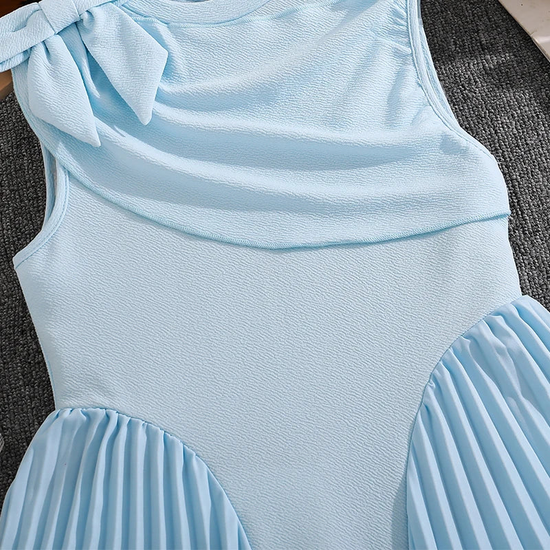 Girls 8-12 Light Blue Summer Casual Dress, Front Sleeveless Bow Decor High Waist Pleated Skirt, Daily Kids Outfit