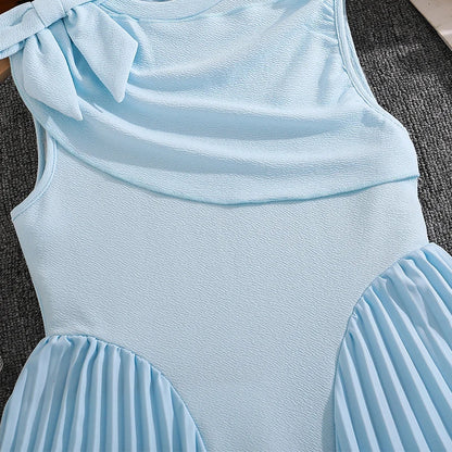 Girls 8-12 Light Blue Summer Casual Dress, Front Sleeveless Bow Decor High Waist Pleated Skirt, Daily Kids Outfit