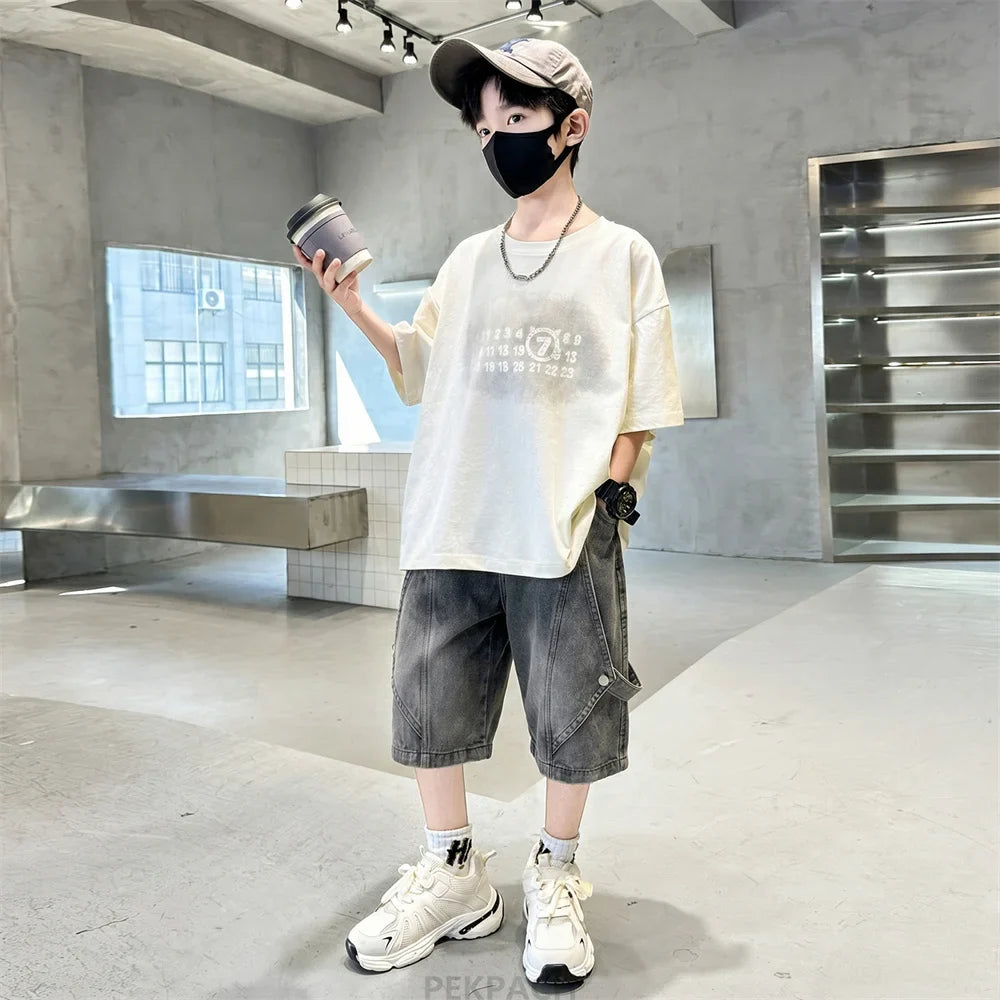 High Quality Boys Summer Top and Bottom Set Cotton T-shirt And Denim Shorts 2 Pieces Suit Kids Children Casual Clothing Set 5-14