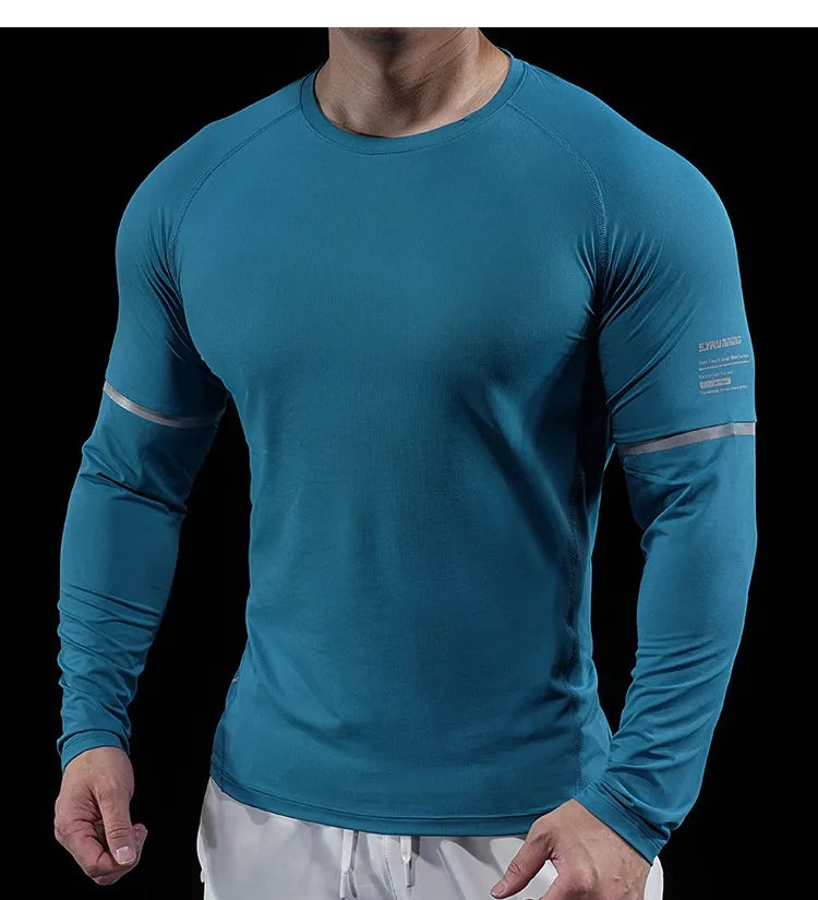 Autumn New Men's Sports Gym Fitness Clothes Reflective Strips Round Neck Training Long-sleeved T-shirt Running Slim Breathable