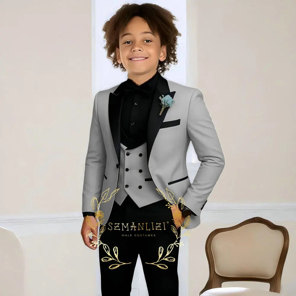Boys Suit Wedding Tuxedo 3 Pieces Peaked Collar Jacket Pants Vest Child Formal Blazer Set Slim Fit Outfit costume garcon mariage