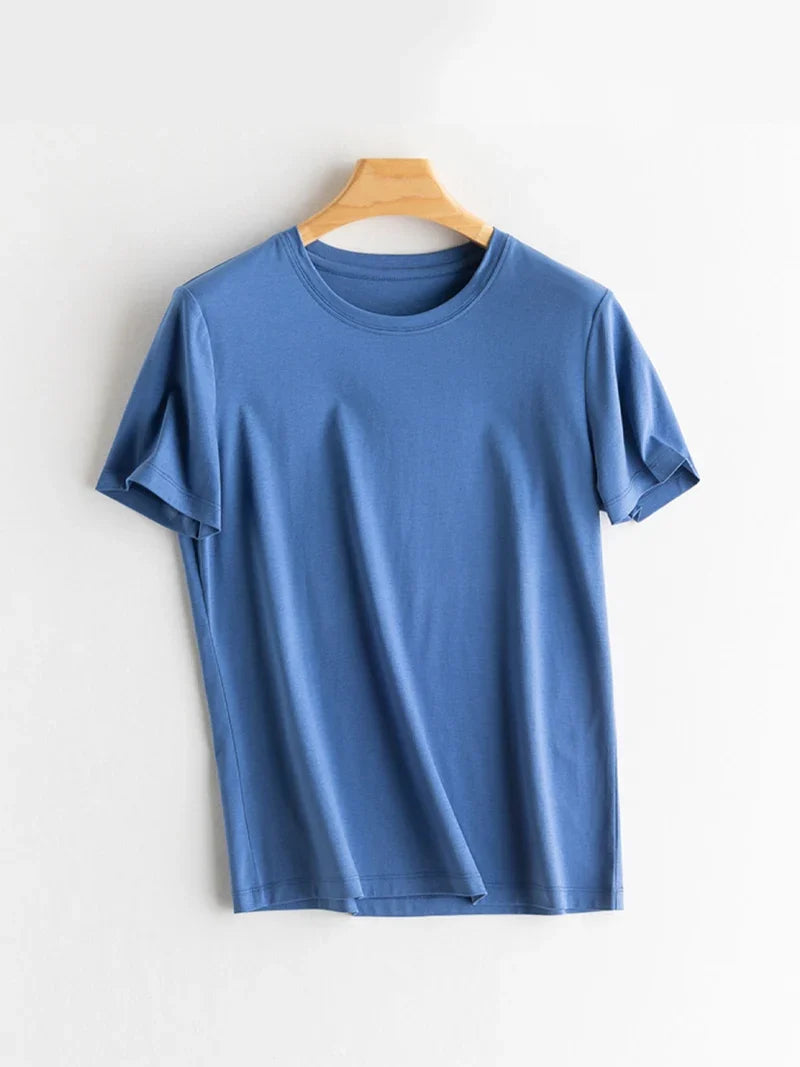 Women Solid T shirts, Silk Cotton Blend, O Neck, Short Sleeved Solid Tee,2025 Summer Candy Colors Basic Cozy Top Green