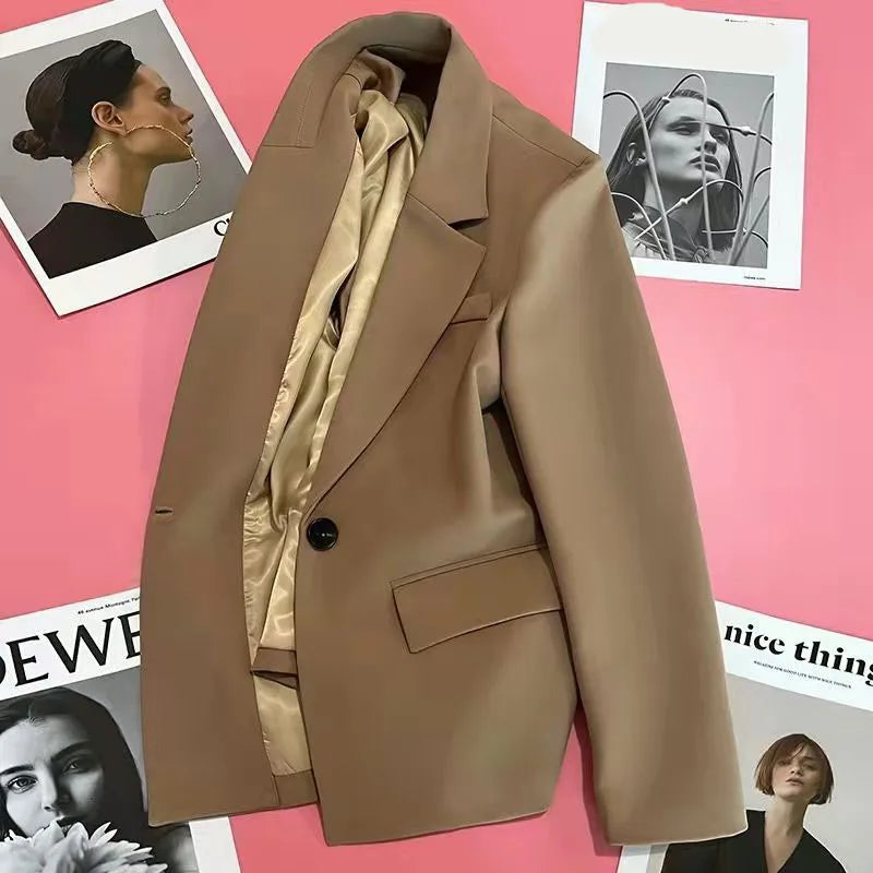 Women Fashion Single Button Blazer Vintage with Pockets Notched Neck Jacket Female Loose Version Long Sleeves Suit Outwear Tops