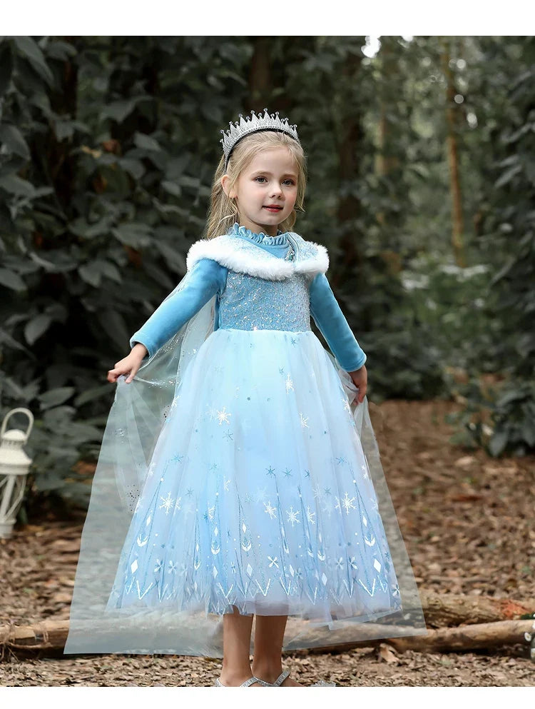 Girls' Spring 2026 New Velvet Elsa Frozen Princess Dress Kids Blue Cape 2 Piece Set Warm Dresses For Girl Party 3-9 Years Old ﻿