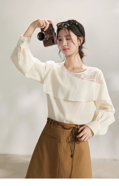 Women's Asymmetric Lace Panel Long Sleeve Blouses 2026 Spring Ruffle Layered Cew Neck Casual Loose Blouse MXF14X2545