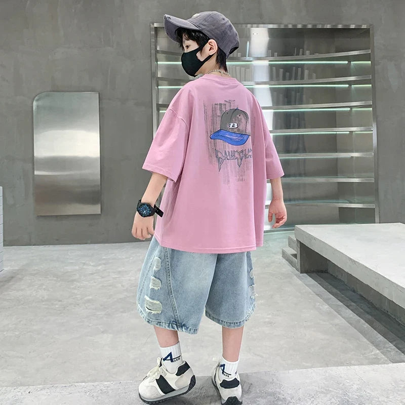 2025 New Summer Clothing Set for Kids Boy Luxury Summer Suit Children Cotton T-shirt And Denim Shorts 2 Pieces Tracksuit Outfit