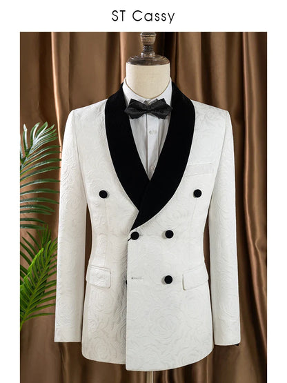 Double-Breasted Groom's Wedding 2 Piece Set White Party Outfit for Man Slim Fit Tasdo Shawl Collar Evening Gown Dinner Suit