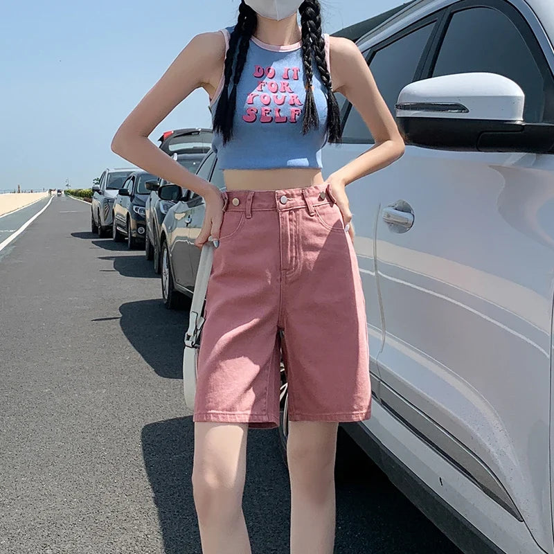 Summer New Korea Fashion Loose Women Jeans Shorts Purple Pink High Waist Straight Pockets Female Wide Short Pants