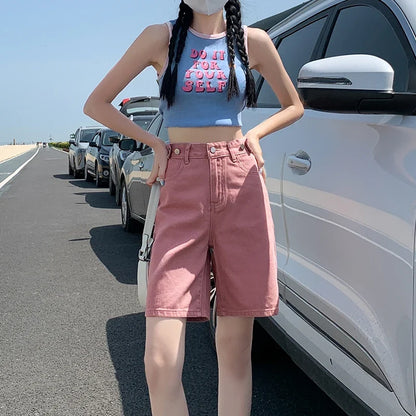 Summer New Korea Fashion Loose Women Jeans Shorts Purple Pink High Waist Straight Pockets Female Wide Short Pants