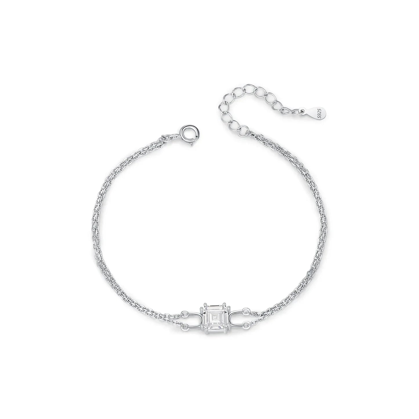 925 Sterling Silver Double Layer Link Chain Bracelet Shiny Square Emerald Cut Wedding Jewelry For Women Anniversary Gift