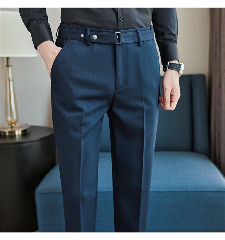 Fashion Belt Decoration Design Men's Suit Pants High Quality Business Slim Fit Casual Straight Formal Wedding Party Trousers