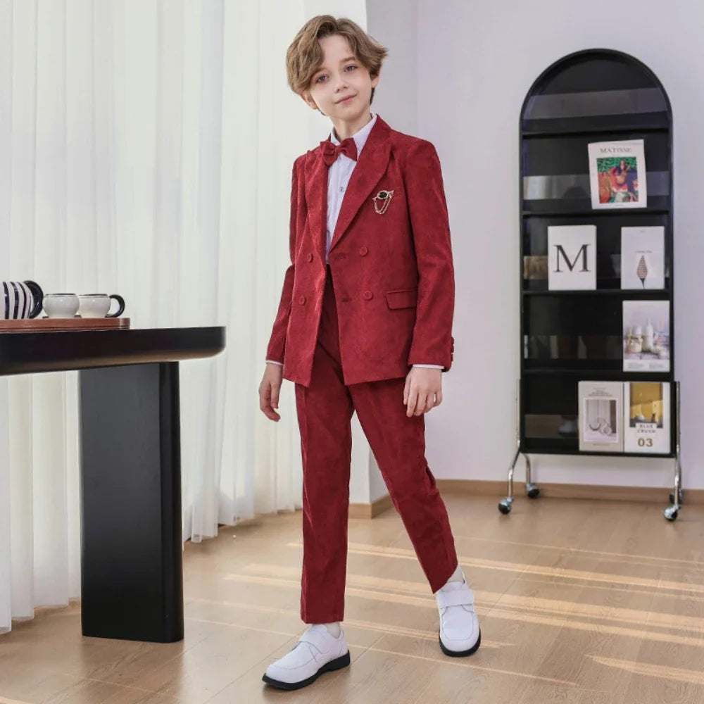 Casual Smart Children's Slim Fit Suits 4 Pieces Jacket Pants Bow-tie Brooch For Stage Performance Double Breasted Boys Tuxedo