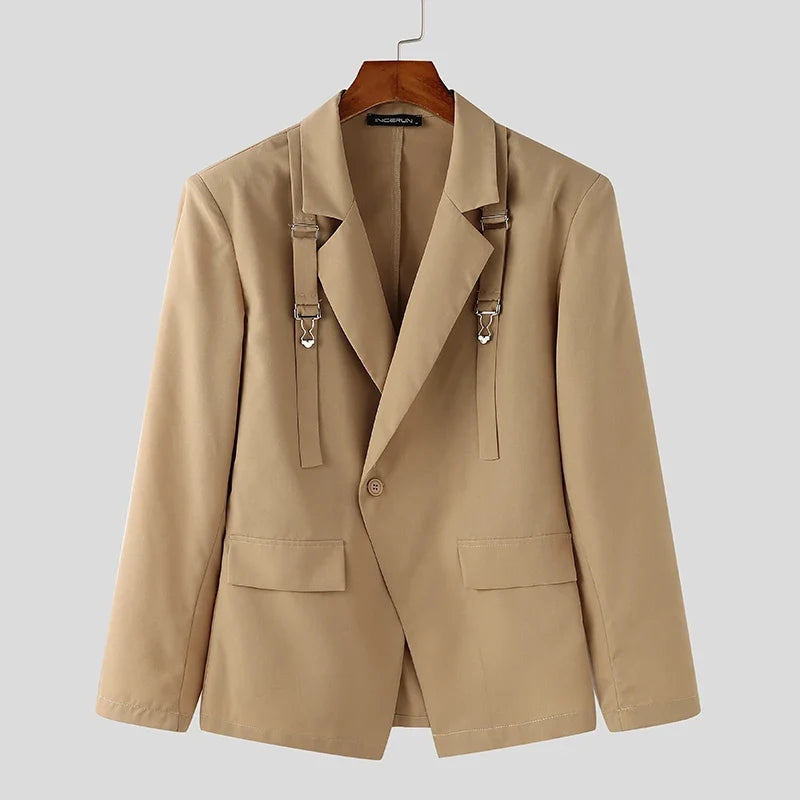 Fashion Well Fitting Tops New Men's Deconstruct Metal Buckle Suit Coat Casual Streetwear Male Solid Long Sleeved Blazer