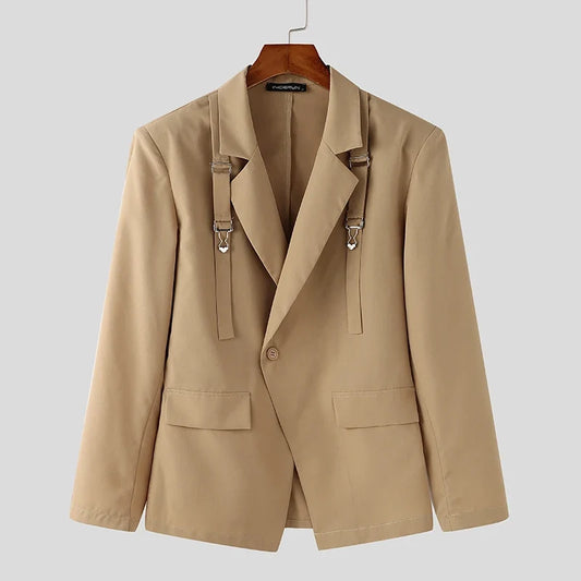 Fashion Well Fitting Tops New Men's Deconstruct Metal Buckle Suit Coat Casual Streetwear Male Solid Long Sleeved Blazer