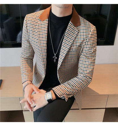 2024 Autumn Winter Korean  Houndstooth Blazer Jackets Fashion Color Matching Lapel Design Casual Men's Plaid Suit Coat Tuxedo