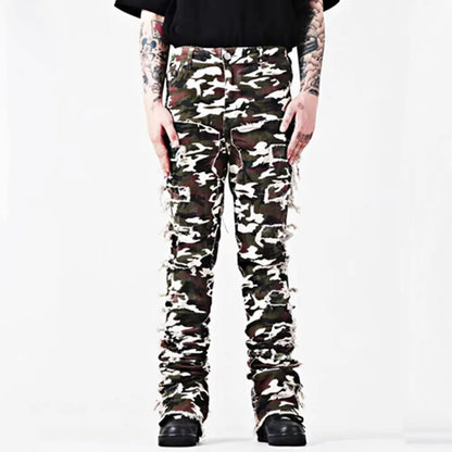 New European and American Heavyweight Streetwise Stretch Patch Jeans for Men, High Street Straight Fit Long Jeans16-3001