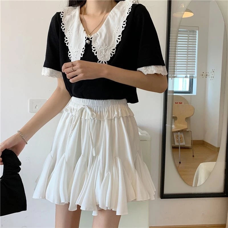Summer Ball Gown White Mini Skirts Women 2024 Casual High Waist Ruffles Faldas Korean Bow Harajuku Y2k Micro Tennis Skirt Black