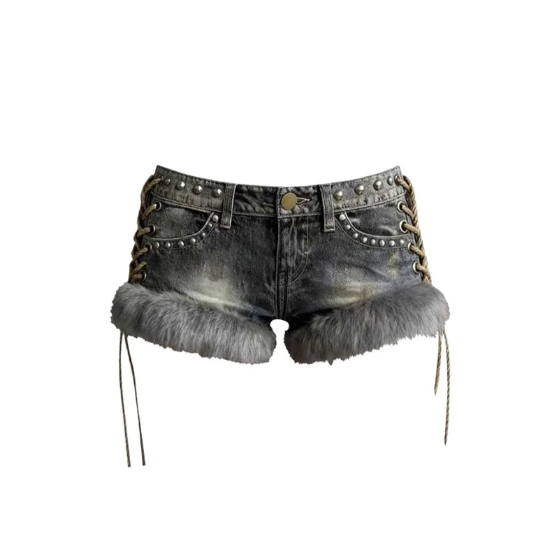 Y2k Spice Girl Washed Retro Fluff Splicing Rivet Denim Shorts Women's Low Waist Wide Leg Hot Pants