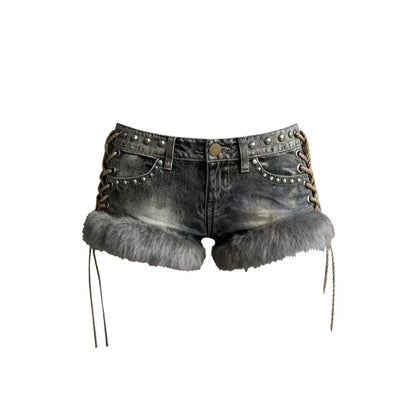 Y2k Spice Girl Washed Retro Fluff Splicing Rivet Denim Shorts Women's Low Waist Wide Leg Hot Pants