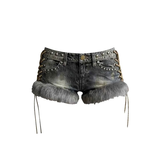 Y2k Spice Girl Washed Retro Fluff Splicing Rivet Denim Shorts Women's Low Waist Wide Leg Hot Pants