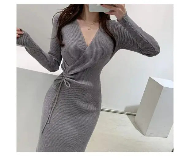 Chic V-ne Knitted Wrap Waist Slimming Mid-length A-line Dr Women's Sweater Dr Korean Sle High Waist Long Sve