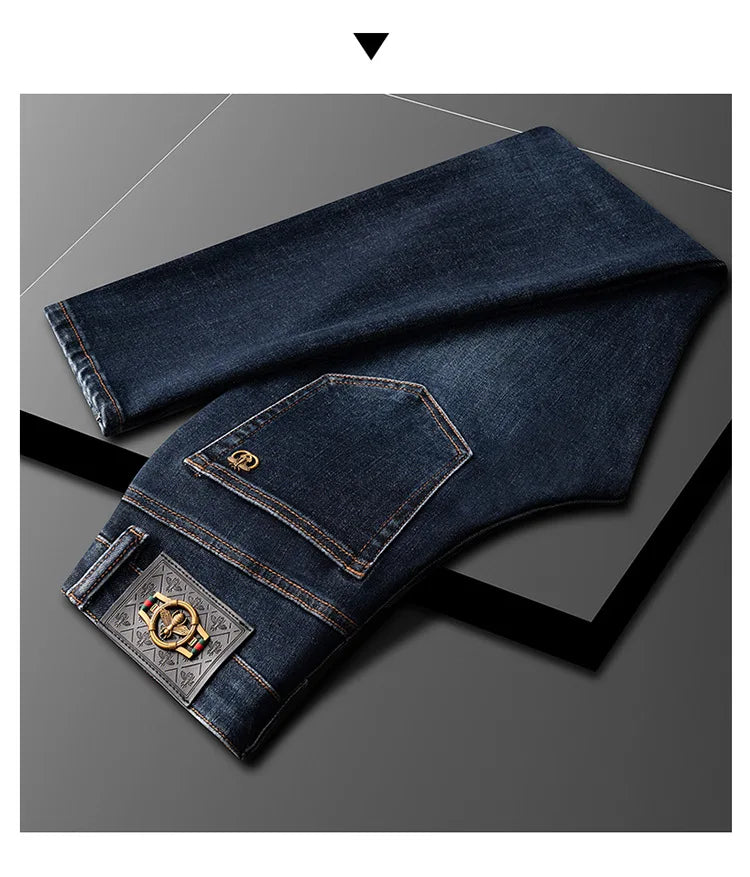 Light Luxury Blue Jeans Men's Autumn and Winter Thick 2024 New Simple and Versatile Casual Stretch Slim High-End Trousers