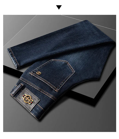 Light Luxury Blue Jeans Men's Autumn and Winter Thick 2024 New Simple and Versatile Casual Stretch Slim High-End Trousers