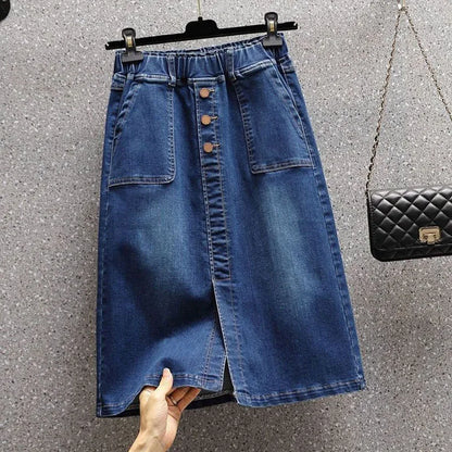 Summer New Women Elastic Waist Denim Skirts Korean Style Elegant Oversized High Waist Slit Skirts Mid Length Ladies Skirts
