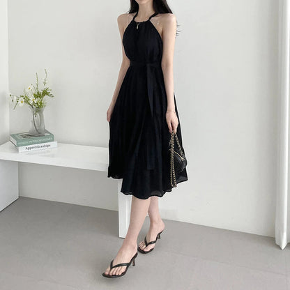 Korean Style Summer Slimming Necktie Waist Cinched Sleeveless Vest Long Dress Women's Fashionable Commute Style Inner Wear