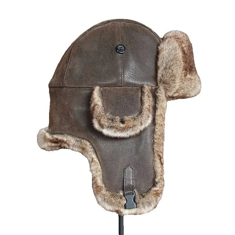 1 Piece Men Women Winter Ushanka Hats Russian Bomber Hat with Ear Flap Pu Leather Faux Fur Trapper Cap Snow Hunting Skiing Cap