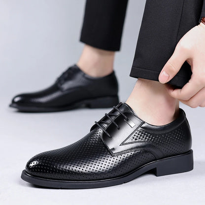 Mens Black Genuine Leather Perforated Metal Decor Lace Up Formal Business Office Breathable Summer Shoes Hollow Stylish Simple