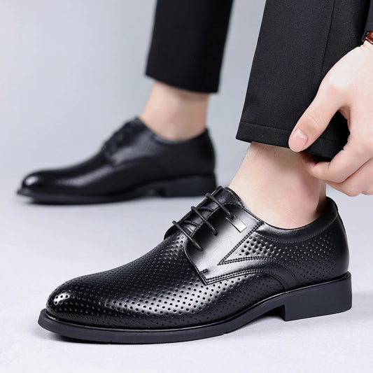 Mens Black Genuine Leather Perforated Metal Decor Lace Up Formal Business Office Breathable Summer Shoes Hollow Stylish Simple