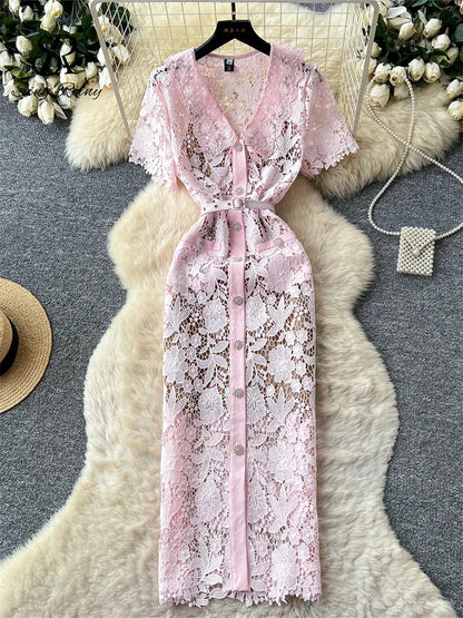 Classy Vintage Flower Lace Dress Office Lady Hollow Out Sashes Short Sleeve Bodycon French Senior Straight Long Dress