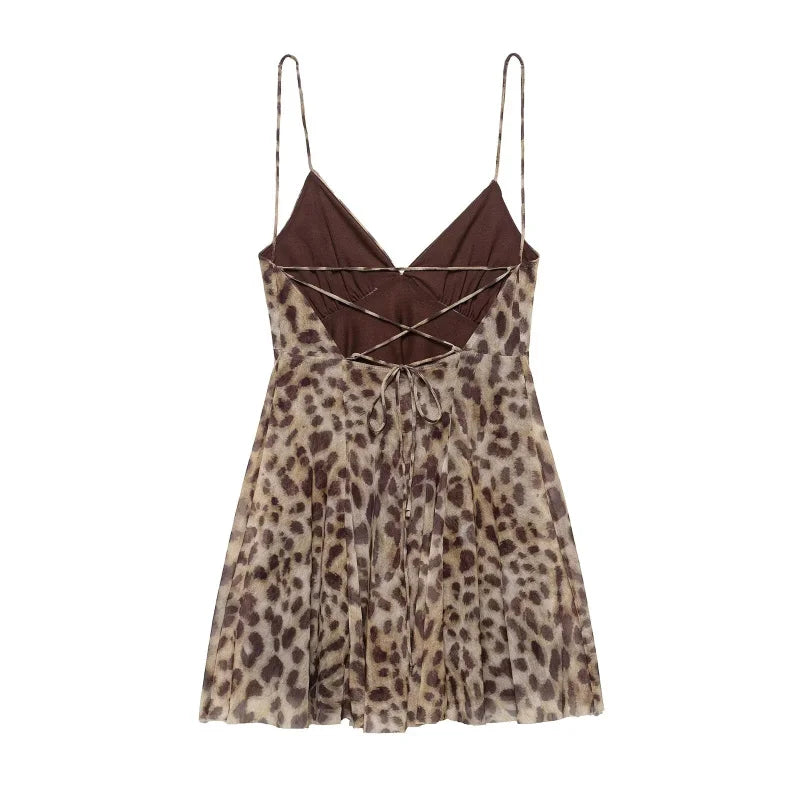 2025 Summer New collection Women's vacation Style printed silk mesh sexy V-neck halter short Dress Hot Girl Dress