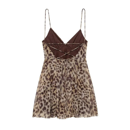 2025 Summer New collection Women's vacation Style printed silk mesh sexy V-neck halter short Dress Hot Girl Dress